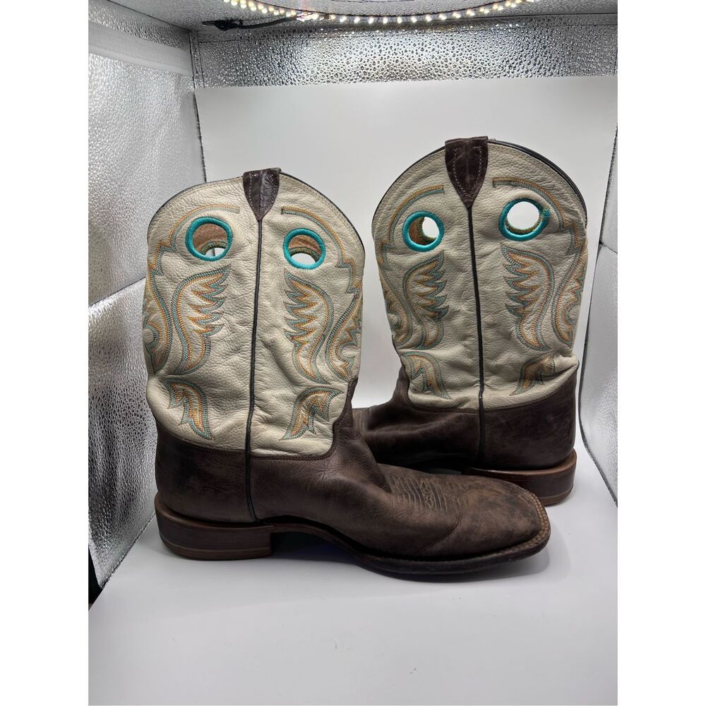 JUSTIN Bent Rail Boots Brown White w Turquoise Western Square Toe Mens 10 D